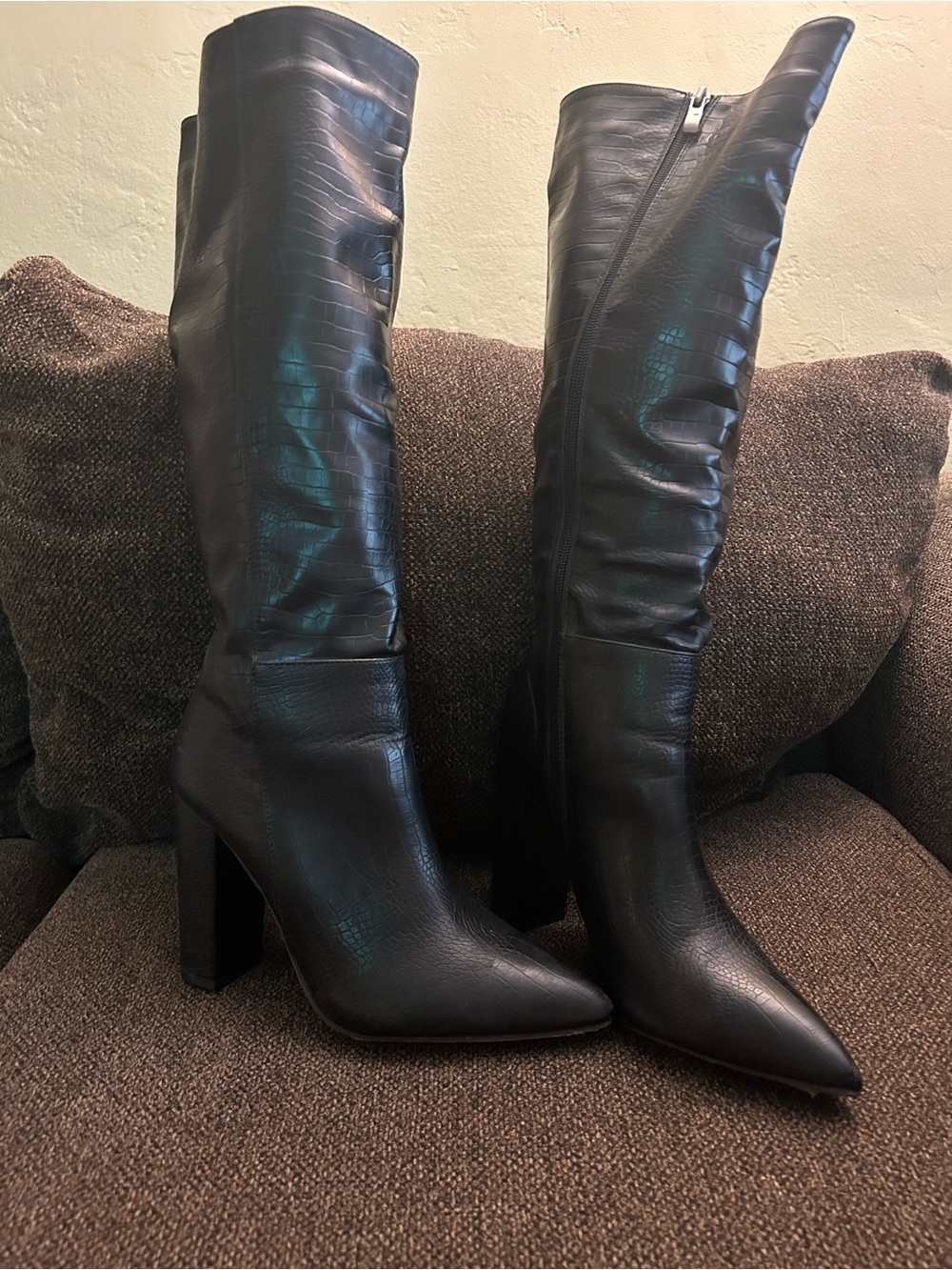 SHEIN Black Croc-Embossed Over-the-Knee Pointed Toe Boots